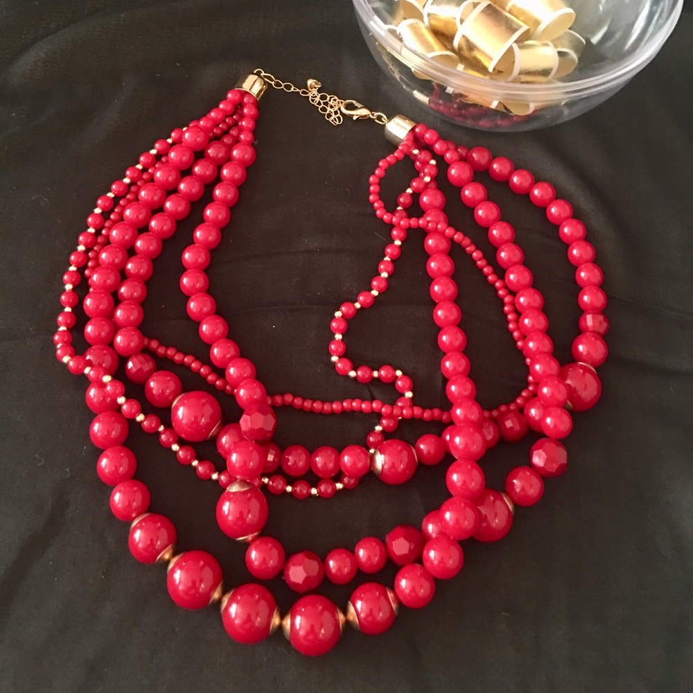 Red beaded layered statement necklace